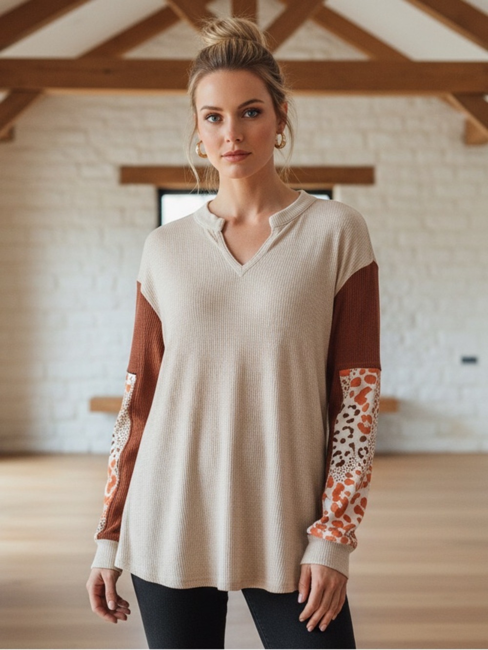 Dear Scarlett Ribbed Rust Panel Bold Leopard Print Accented in Warm Orange Tones